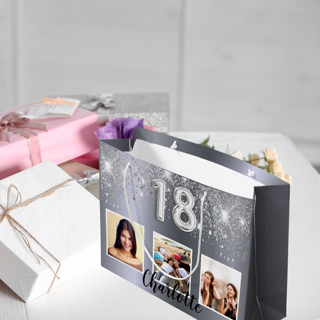 Sacola Para Presentes Grande 18.º aniversário do nome da fotografia com brilho  (Criador carregado)