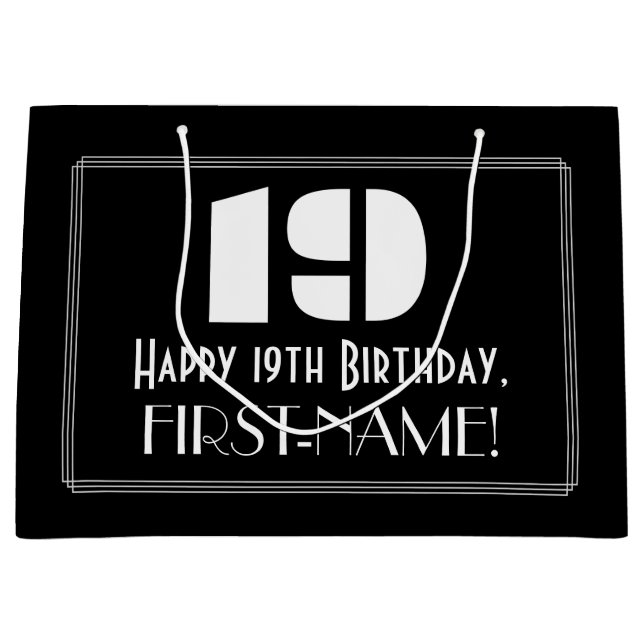 Sacola Para Presentes Grande 19º Aniversário ~ Arte Deco Inspirou "19" + Nome (Frente)