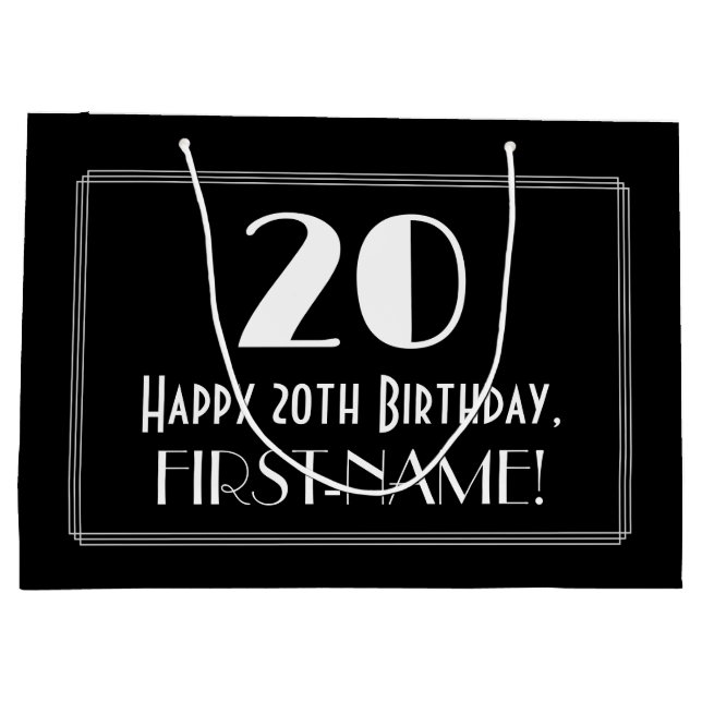 Sacola Para Presentes Grande 20 Aniversário: Art Deco Inspira Estilo "20", Nome (Verso)