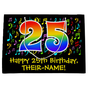 Sacola Para Presentes Grande 25 Birthday - Símbolos Musicais Coloridos, Rainbo