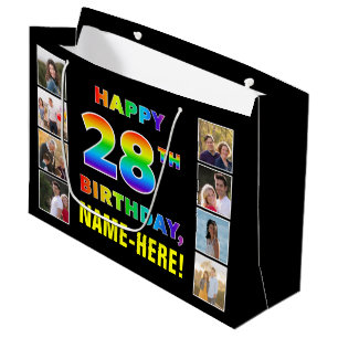 Sacola Para Presentes Grande 28.º aniversário: Texto do Arco-Íris, Fotos e Nome