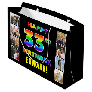 Sacola Para Presentes Grande 33º aniversário: Texto do Arco-Íris, Fotos e Nome 