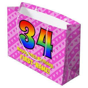 Sacola Para Presentes Grande 34.o Aniversário: Stripes e Corações Rosa, Arco