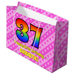 Sacola Para Presentes Grande 37.o aniversário: Stripes e Corações Rosa, Arco