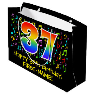 Sacola Para Presentes Grande 37th Birthday - Colorful Music Symbols, Rainbow 37