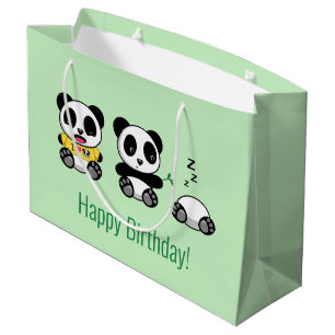 Sacola Para Presentes Grande 3 Pequenos Pandas Bonitos em Verde