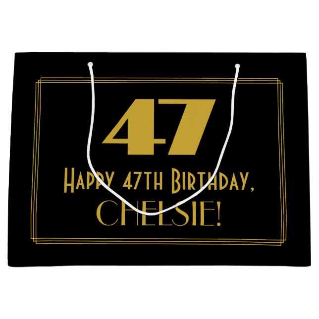 Sacola Para Presentes Grande 47.o aniversário — Art Deco Inspirou "47" & Nome (Frente)