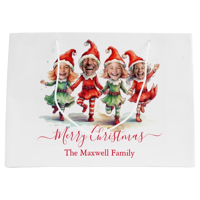 Sacola Para Presentes Grande 4 Fotos dos elfos de Natal (Frente)