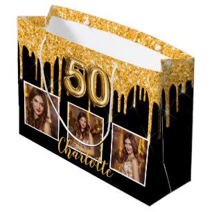 Sacola Para Presentes Grande 50º aniversário do glitter preto dourado gota foto
