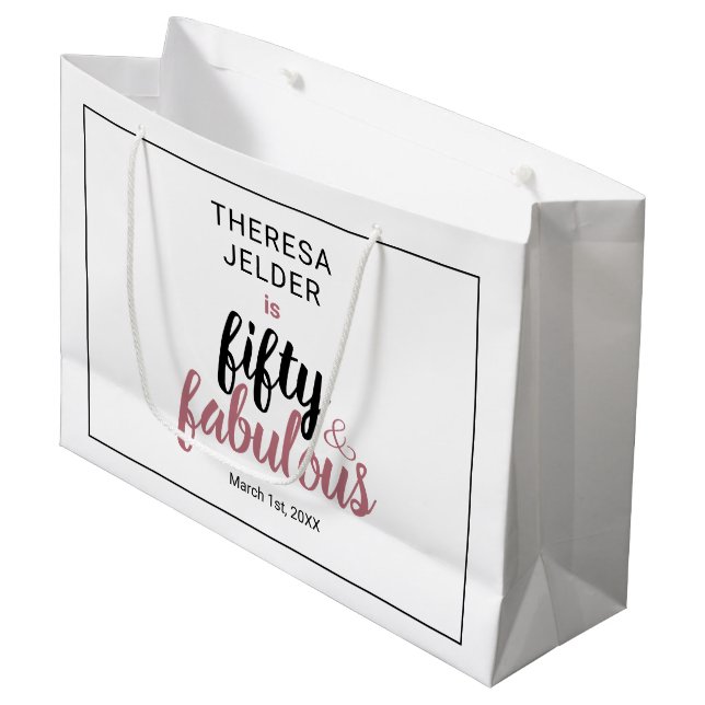Sacola Para Presentes Grande 50 e Fabuloso Brincadeira Rosa Cinzenta Aniversári (Frente inclinada)