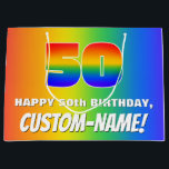 Sacola Para Presentes Grande 50th Birthday: Colorful, Fun Rainbow Pattern # 50<br><div class="desc">This fun and joyful birthday gift bag design features a large number “50” with a colorful rainbow spectrum inspired gradient pattern, along with the message “HAPPY 50th BIRTHDAY, ”, and an editable recipient name. The background also features an exciting multicolored rainbow spectrum inspired gradient pattern. Personalized gift bags like this...</div>
