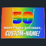Sacola Para Presentes Grande 50th Birthday: Colorful, Fun Rainbow Pattern # 50<br><div class="desc">This fun and joyful birthday gift bag design features a large number “50” with a colorful rainbow spectrum inspired gradient pattern, along with the message “HAPPY 50th BIRTHDAY, ”, and an editable recipient name. The background also features an exciting multicolored rainbow spectrum inspired gradient pattern. Personalized gift bags like this...</div>