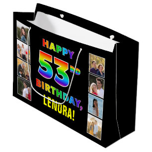Sacola Para Presentes Grande 53º Aniversário: Texto Arco-Íris, Fotos e Nome Per
