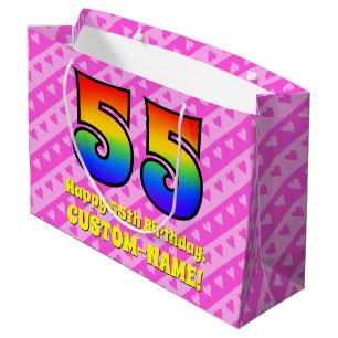 Sacola Para Presentes Grande 55º Aniversário: Listras Cor-de-Rosa & Corações, A