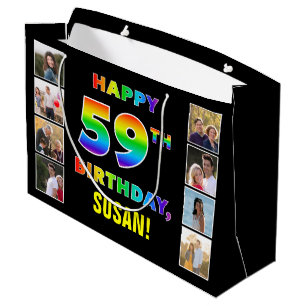 Sacola Para Presentes Grande 59º aniversário: Texto do Arco-Íris, Fotos e Nome