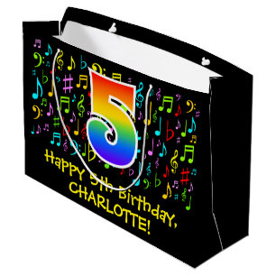 Sacola Para Presentes Grande 5 Birthday - Símbolos Musicais Coloridos, Rainbow