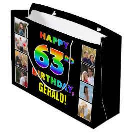 Sacola Para Presentes Grande 63º Aniversário: Texto Arco-íris, Fotos Personaliz