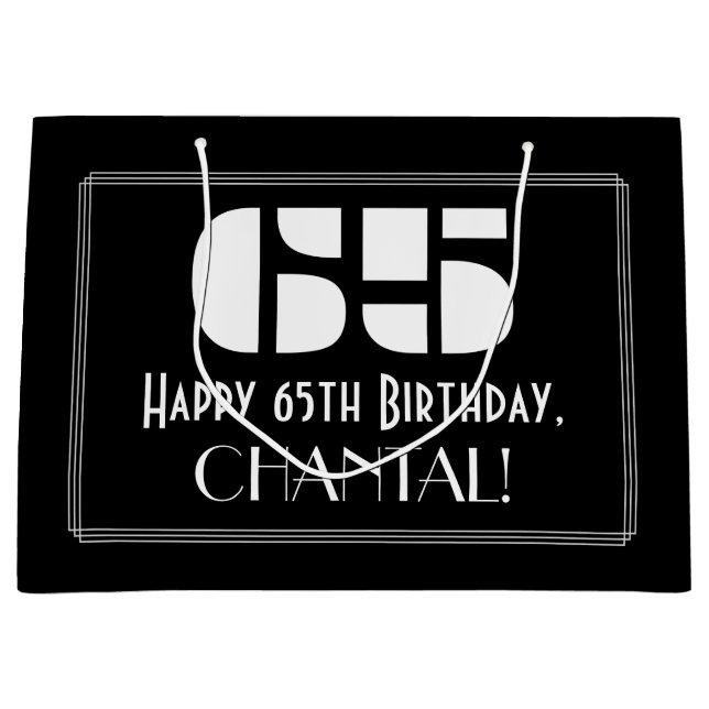Sacola Para Presentes Grande 65º aniversário ~ Arte Deco Inspirou "65" + Nome (Frente)