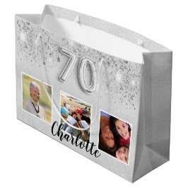 Sacola Para Presentes Grande 70 de aniversário de fotografia com brilho de prat