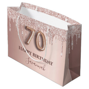 Sacola Para Presentes Grande 70 de aniversário rosa dourado brilho cor-de-rosa 
