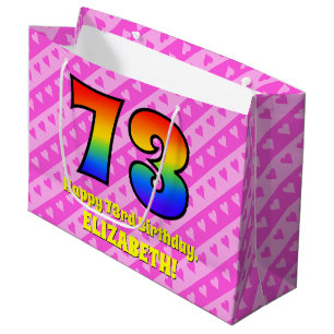 Sacola Para Presentes Grande 73.º Aniversário: Stripes e Corações Rosa, Arco-Ír