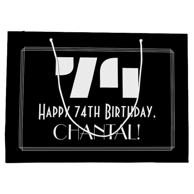 Sacola Para Presentes Grande 74. º aniversário ~ Arte Deco Inspirou "74" + Nome (Verso)