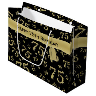 Sacola Para Presentes Grande 75º Parabéns Preto/Dourado Padrão Numérico
