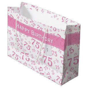 Sacola Para Presentes Grande 75.º Padrão Feliz de Aniversário Rosa/Branco