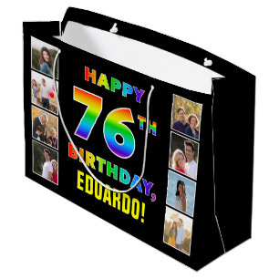 Sacola Para Presentes Grande 76º Aniversário: Texto Arco-íris, Fotos Personaliz