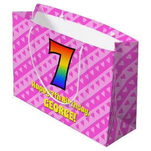 Sacola Para Presentes Grande 7 Aniversário: Stripes e Corações Rosa, Arco-Í