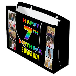 Sacola Para Presentes Grande 7 Aniversário: Texto do Arco-Íris, Fotos e Nome Pe