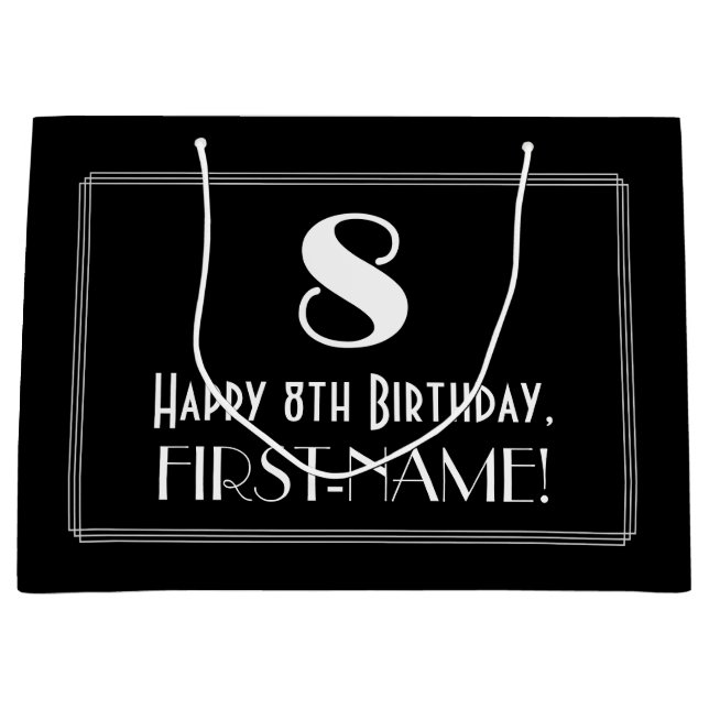 Sacola Para Presentes Grande 8º aniversário: Art Deco Inspira Estilo "8", Nome (Frente)