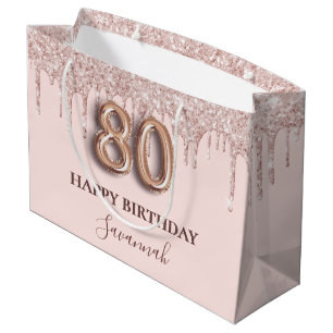Sacola Para Presentes Grande 80 aniversário borra cor-de-rosa pinga rosa doura