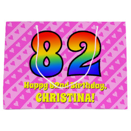 Sacola Para Presentes Grande 82º Aniversário: Stripes e Corações Rosa, Arco-Íri