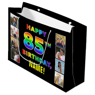 Sacola Para Presentes Grande 85.º Aniversário: Texto Arco-Íris, Fotos e Nome Pe