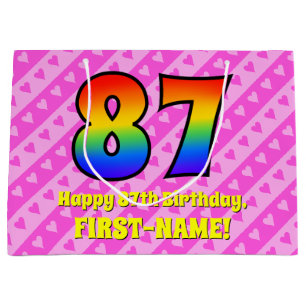 Sacola Para Presentes Grande 87.º aniversário: Stripes e corações cor-de-rosa,