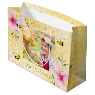 Sacola Para Presentes Grande 90 aniversário abelhas meleycomb flores rosa