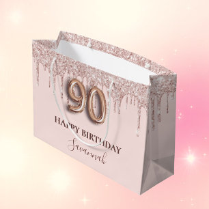 Sacola Para Presentes Grande 90 aniversário borra cor-de-rosa pinga rosa dourad
