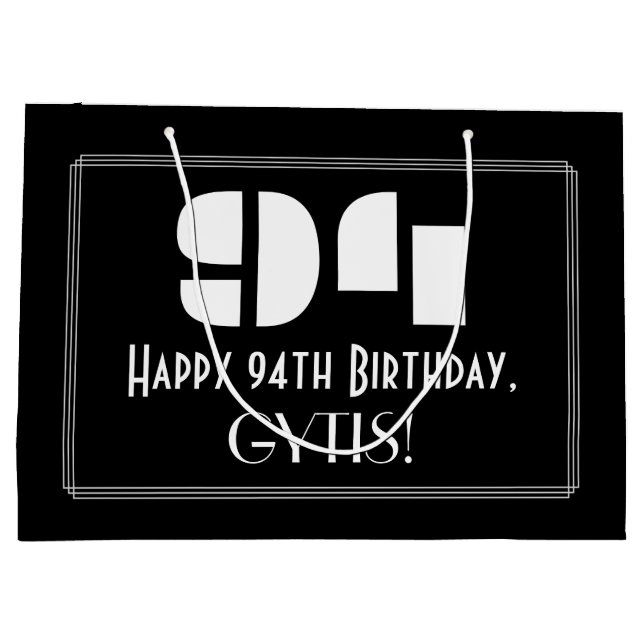 Sacola Para Presentes Grande 94º aniversário ~ Arte Deco Inspirou "94" + Nome (Verso)