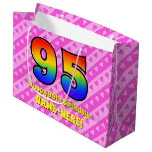 Sacola Para Presentes Grande 95.o aniversário: Stripes e Corações Rosa, Arco