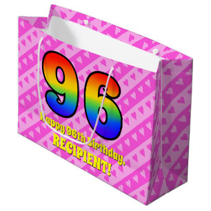 Sacola Para Presentes Grande 96.o aniversário: Stripes e Corações Rosa, Arco