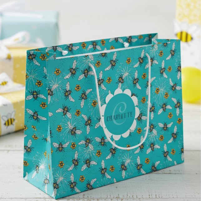 Sacola Para Presentes Grande Abelhas de mel e flores azuis modernas (Modern Blue Floral Bee Gift Bags for Nature & Insect Lover. Elegant Honeybee Pattern for Birthday)