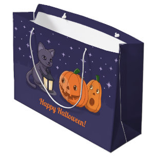 Sacola Para Presentes Grande Abóbora Lanterna de Gato Preto no Halloween Roxo