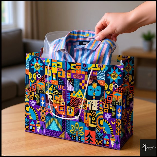 Sacola Para Presentes Grande Abstract Folk Art Geometric Quilt Mosaic (Criador carregado)