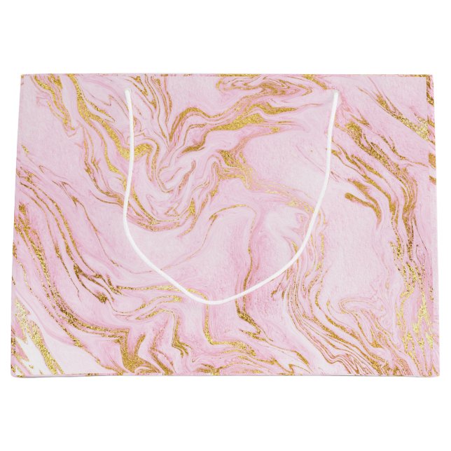 Sacola Para Presentes Grande Abstrato branco de mármore rosa-claro-Dourado rosa (Frente)
