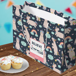 Sacola Para Presentes Grande Acredite em Unicórnios, Criança de Padrão Azul e R