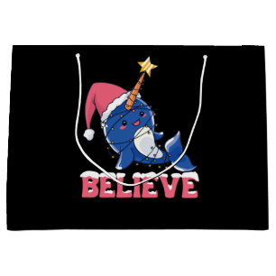 Sacola Para Presentes Grande Acredite nas Luzes de Fada de Neve de Natal Narwha
