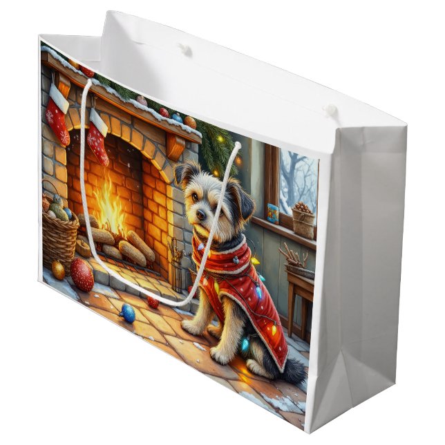 Sacola Para Presentes Grande Affenpinscher Sitting Fireplace Christmas Lights (Frente inclinada)