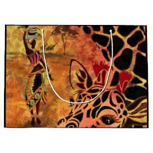 Sacola Para Presentes Grande African Girl and Giraffe - Amigos - Desenho de Art