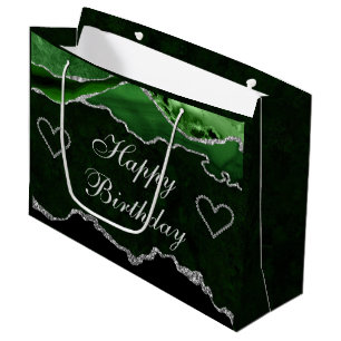Sacola Para Presentes Grande Agata Brilho Verde e Prata Feliz Aniversário